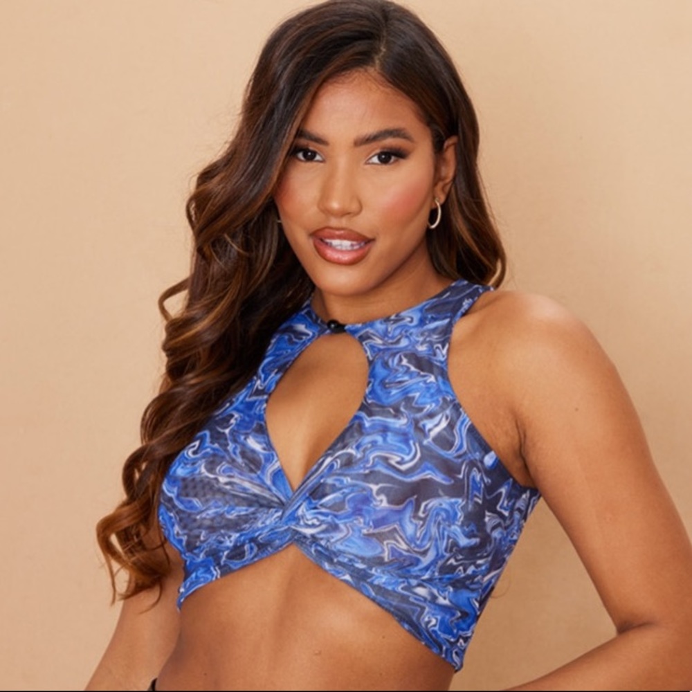 NWT PrettyLittleThing Blue Printed Mesh Cross Front Key Hole Crop Top